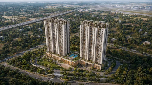 Prestige Park Street aerial view of twin towers with airport corridor in the distance